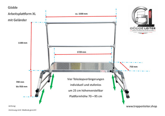 Arbeitsplattform / Montageplattform XL klappbar mit Geländer 1,72 x 0,75 m